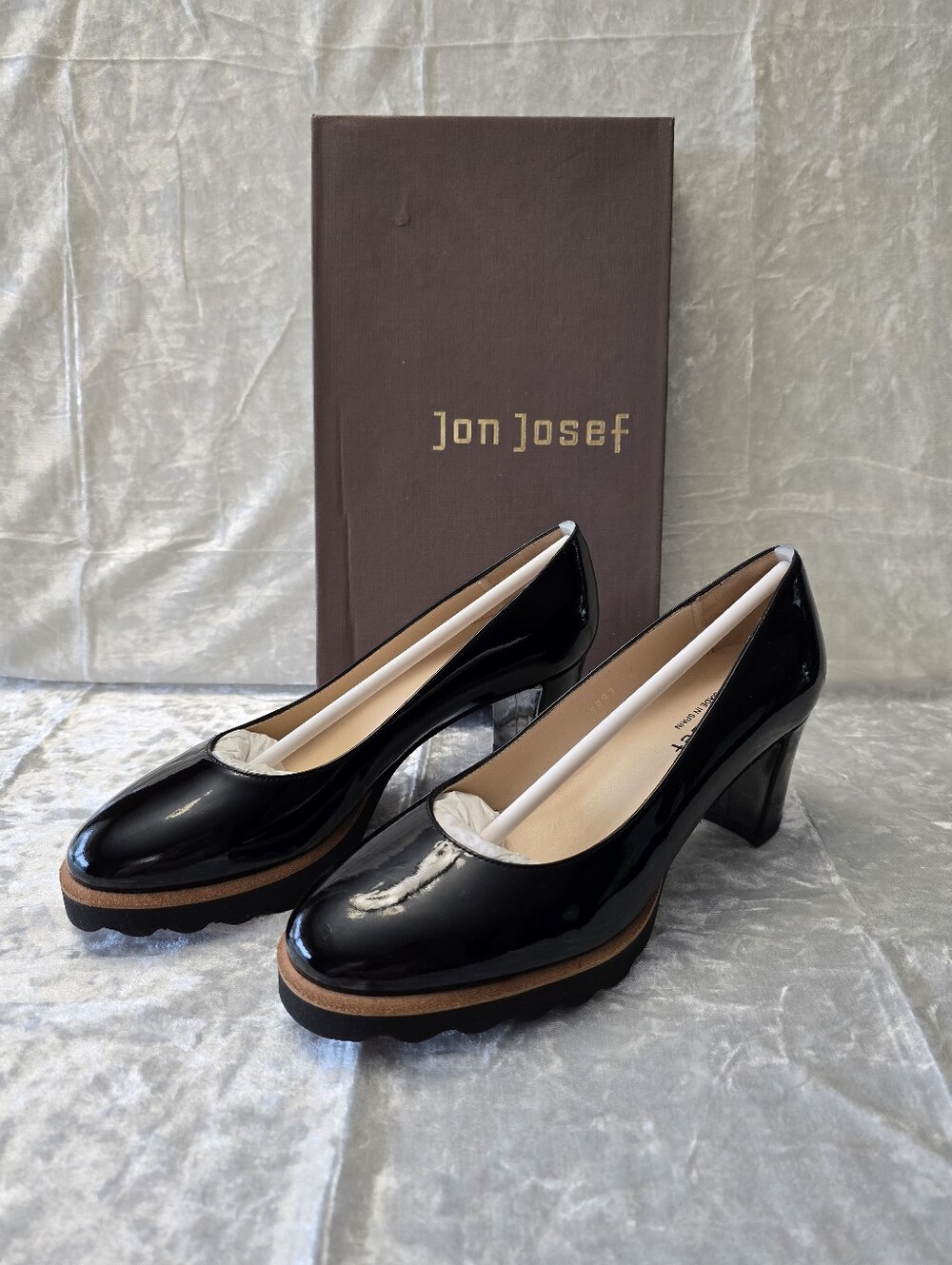 Jon Josef Katie Black Patent Platform Block Heel Pumps